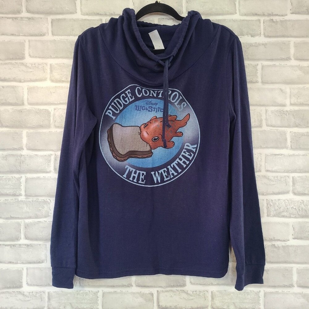 Disney Lilo and Stitch Pudge Controls Weather Cowlneck Long Sleeve Sweater Large